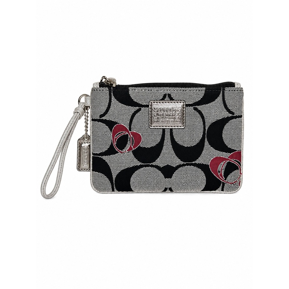 Coach Signature Poppy Heart Wristlet Black Grey Canvas Silver Trim Small Bag
